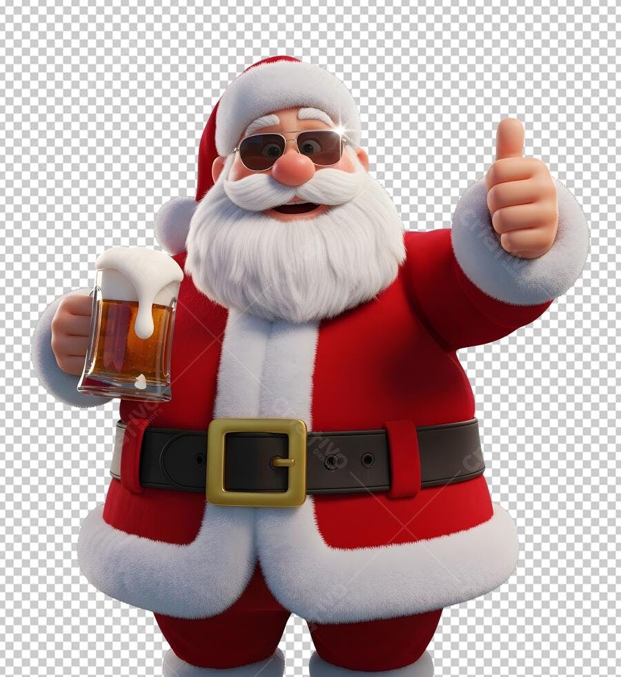 Personagem 3D Papai Noel de óculos de sol com cerveja e polegar para cima Natal PNG com fundo transparente