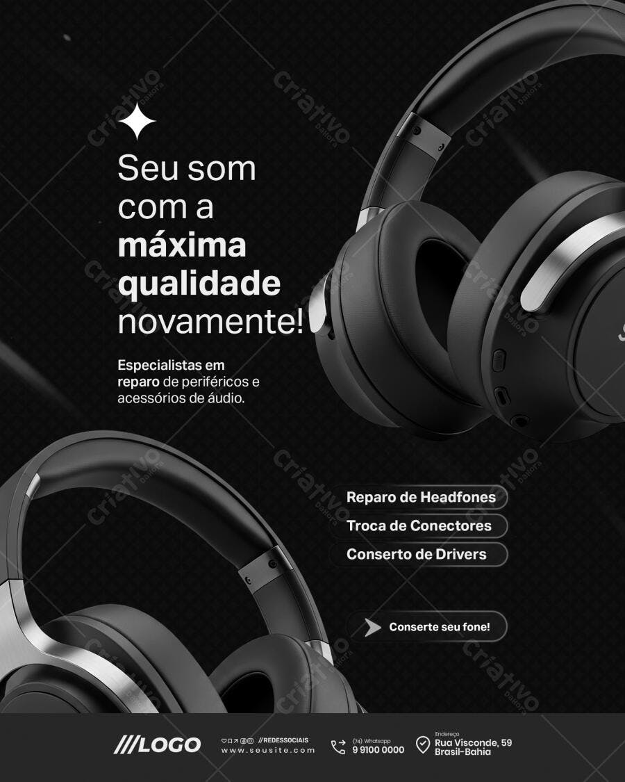 Flyer Serviço Reparo de Fones Áudio Qualidade Máxima PSD Editável