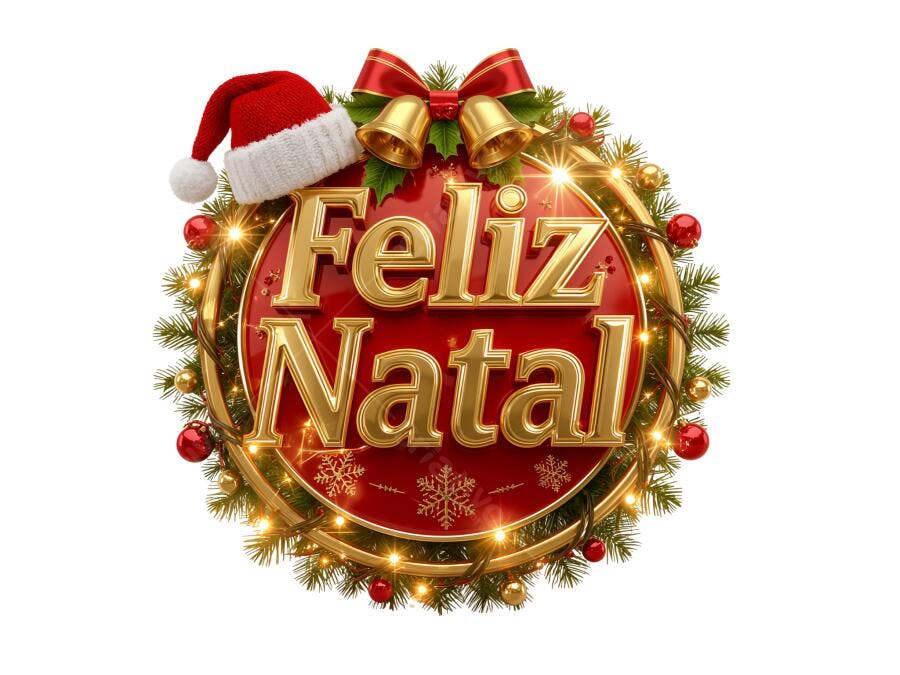 Banner Feliz Natal Dourado Vermelho com Gorro de Papai Noel PNG com fundo transparente