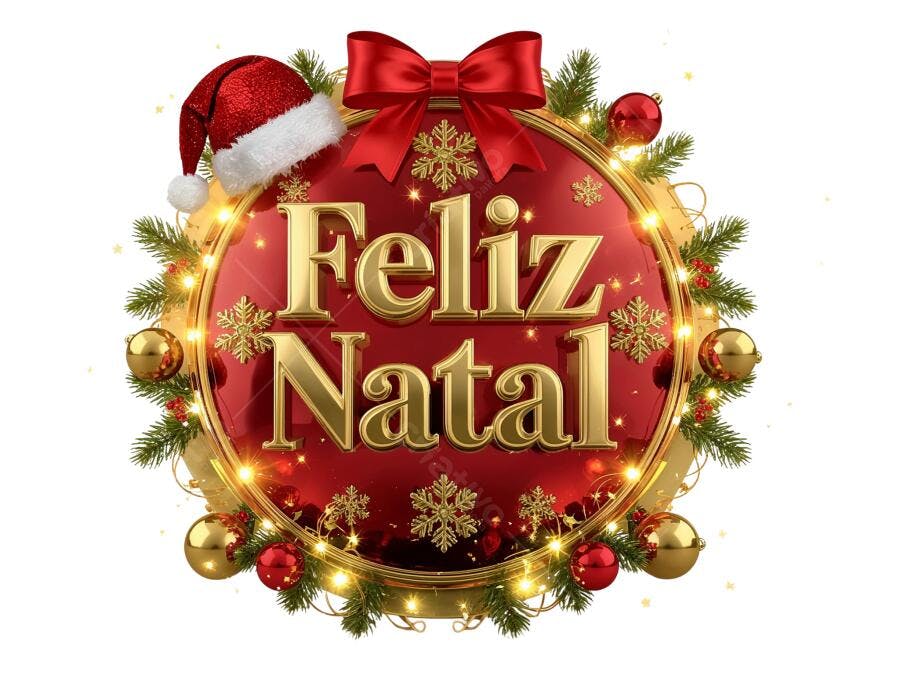 Selo Feliz Natal Ouro e Vermelho com Gorro e Luzes PNG com fundo transparente