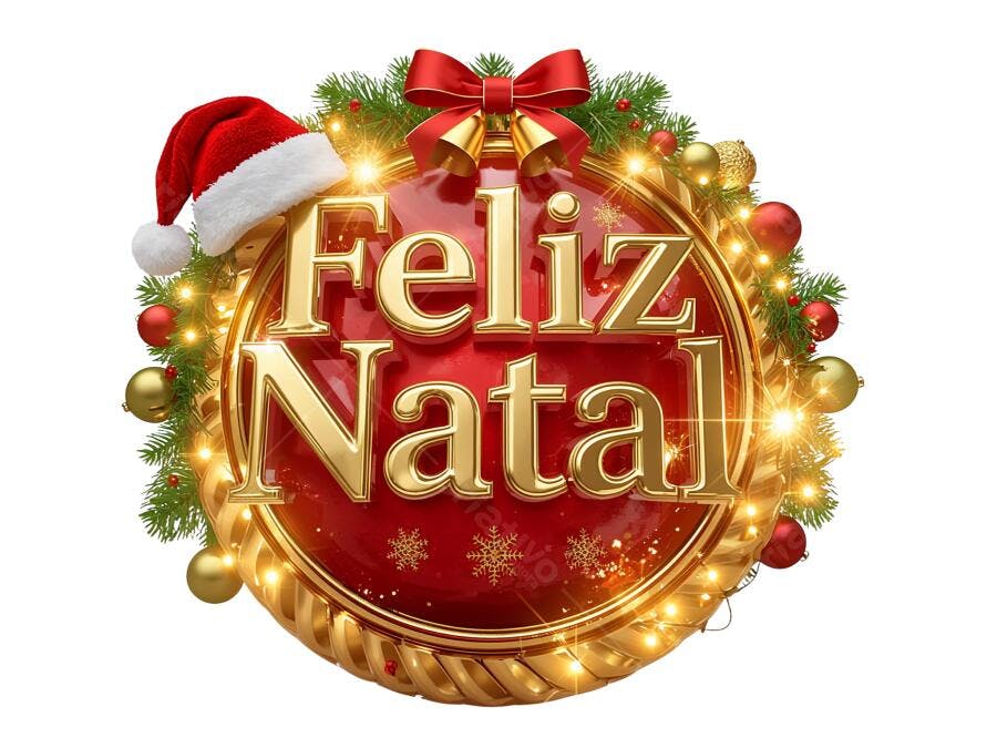 Selo Decorativo Feliz Natal Vermelho Dourado com Gorro Papai Noel PNG com fundo transparente