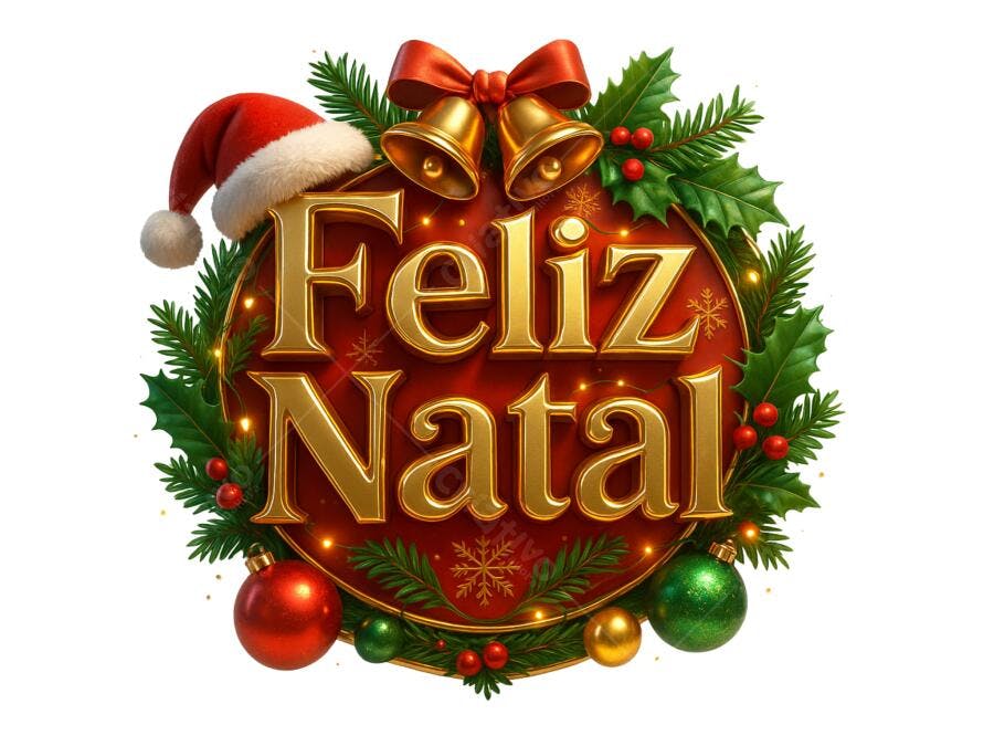 Selo Feliz Natal 3D com gorro sinos e ornamentos PNG com fundo transparente
