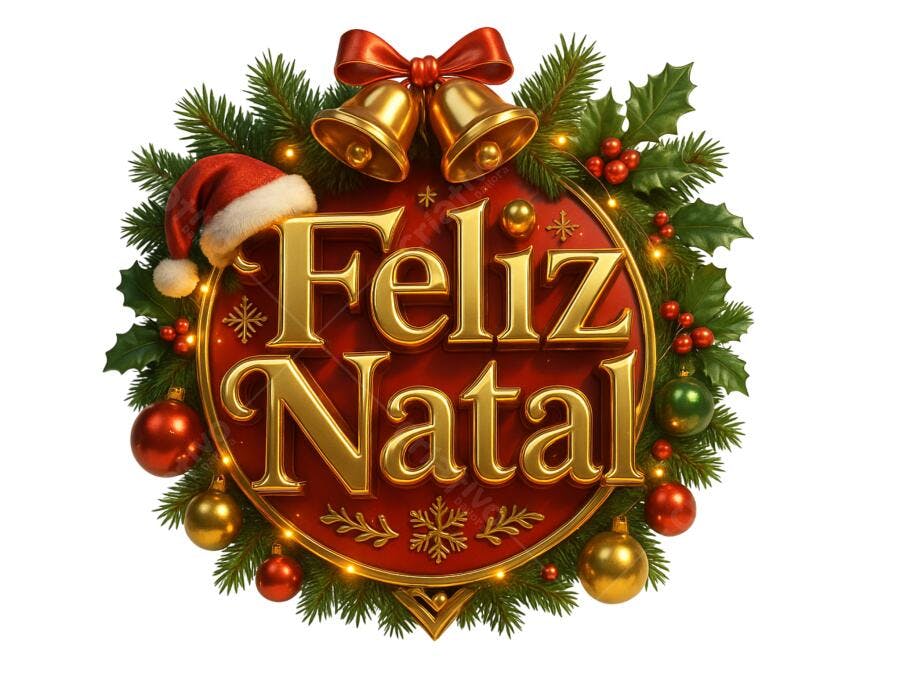 Selo Feliz Natal com sinos gorro Papai Noel e bolas natalinas PNG com fundo transparente