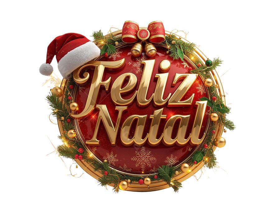 Elemento Gráfico Feliz Natal Dourado Vermelho com Chapéu Papai Noel PNG com fundo transparente