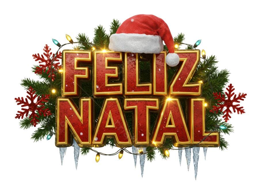 Título Dourado Vermelho Feliz Natal 3D com Gorro Papai Noel PNG fundo transparente