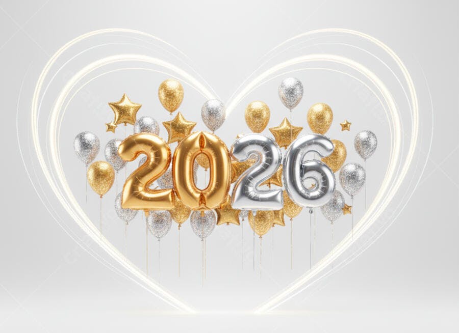 Ano 2026 balões dourados e prateados em celebração de Ano Novo