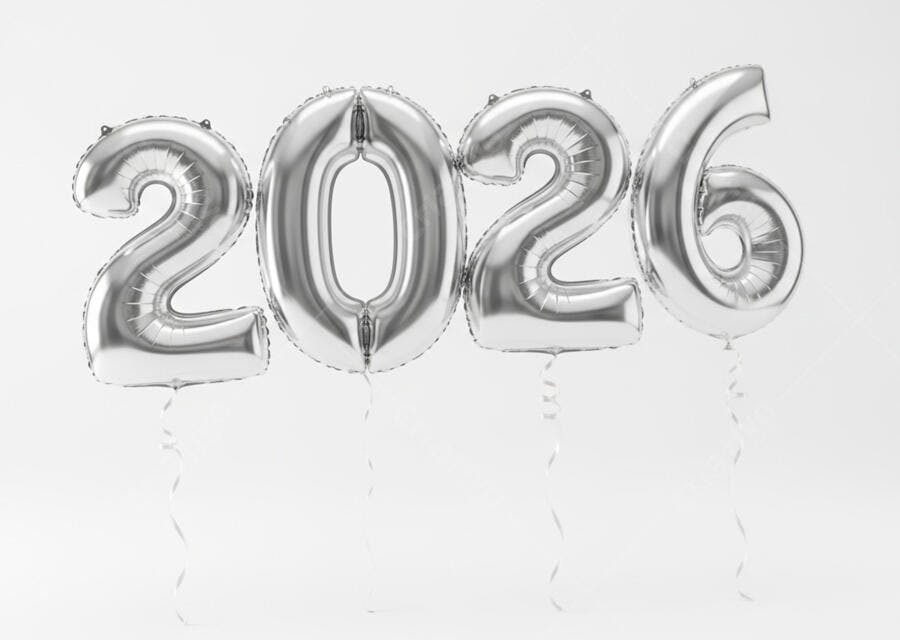 Balões prateados ano 2026 flutuando em fundo branco celebração futura