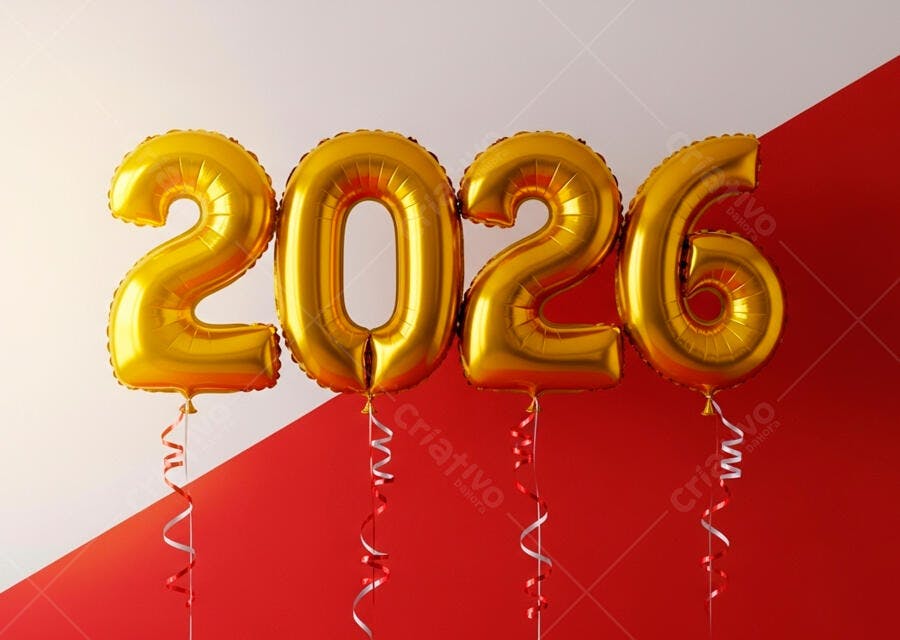 Balões dourados 2026 para celebração de Ano Novo e futuro em fundo vermelho e branco