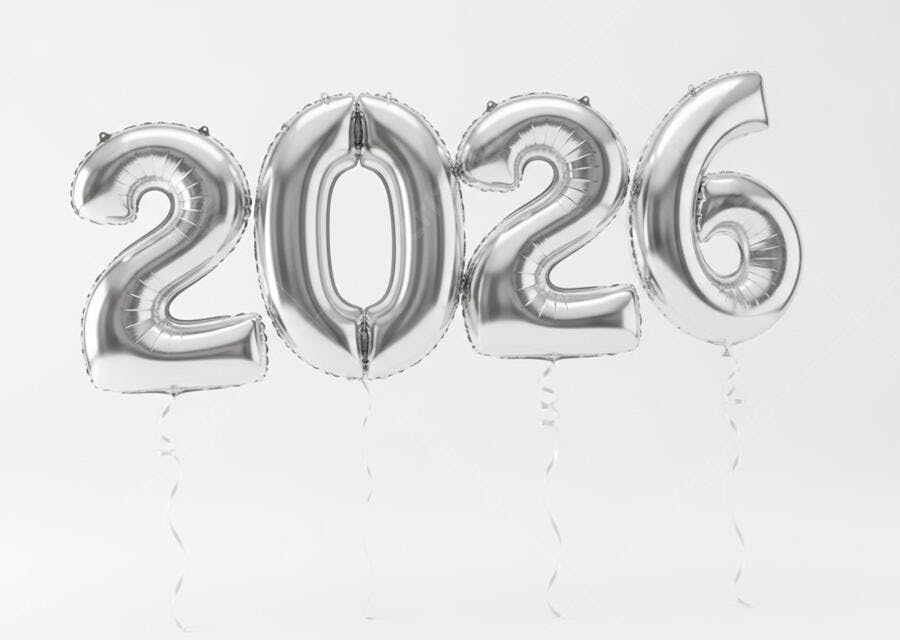 Balões prateados 2026 em fundo branco celebração de Ano Novo futuro