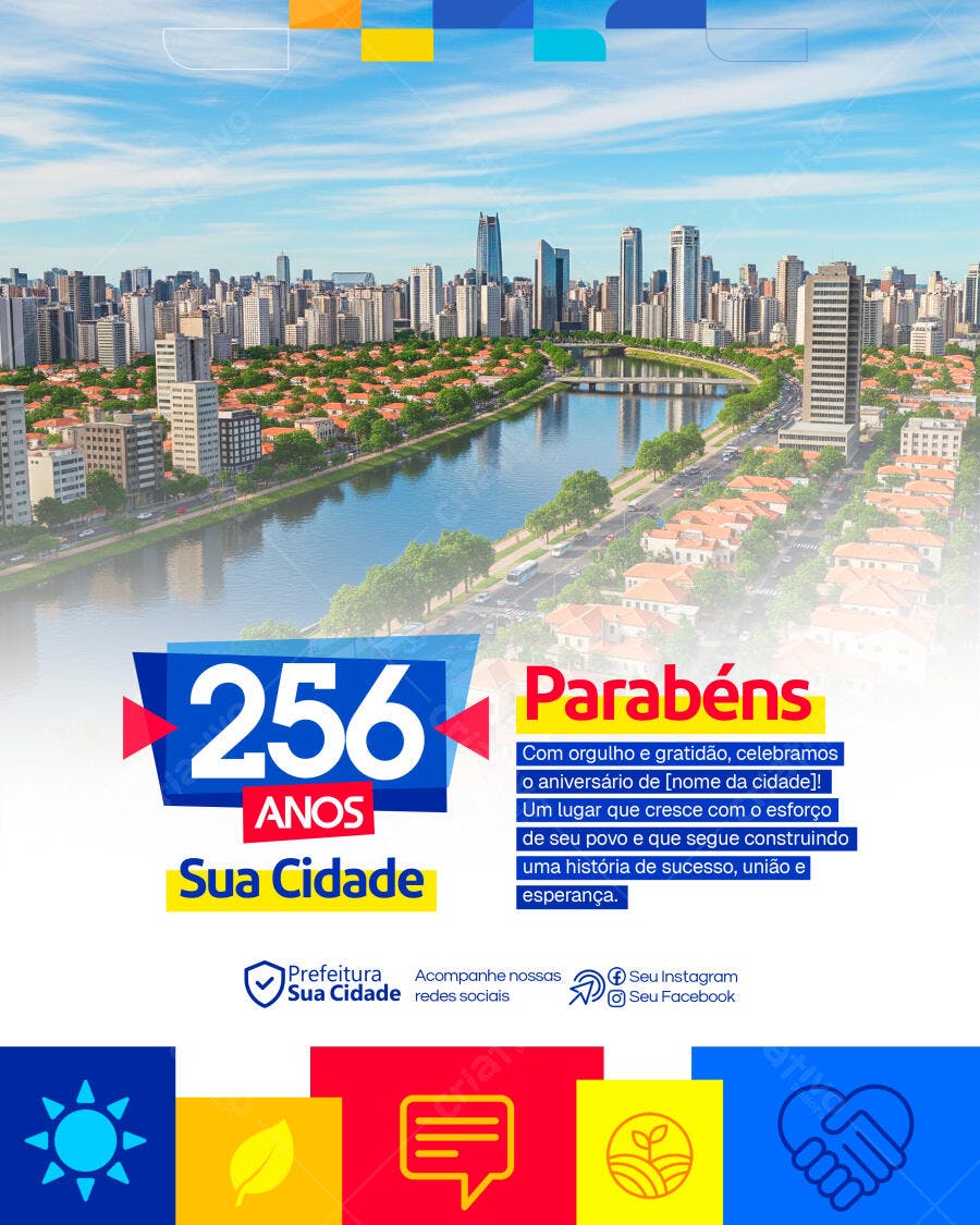 Flyer Aniversário da Cidade 256 Anos com Vista Urbana PSD Editável