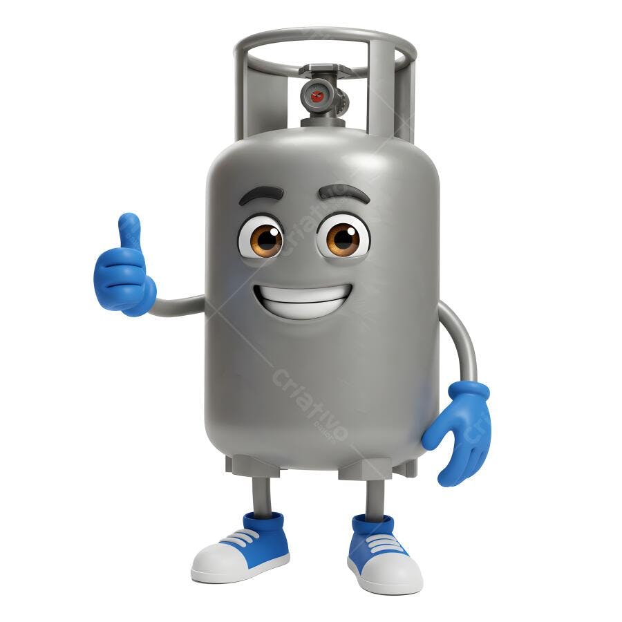 Mascote 3D Botijão de Gás Cinza Sinal de OK com Luvas Azuis PNG com fundo transparente