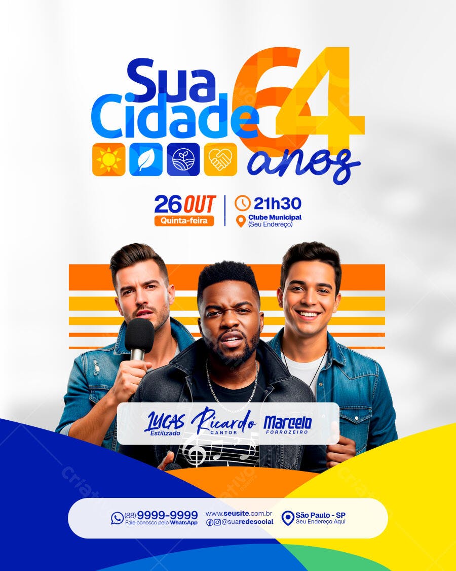 Flyer Evento Musical Aniversário Sua Cidade 64 Anos PSD Editável