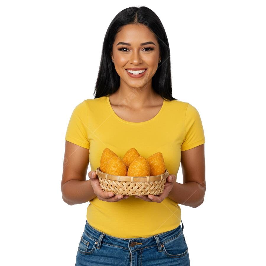 Imagem Comercial Mulher Latina Sorrindo Coxinhas Lanche Amarelo PNG fundo transparente