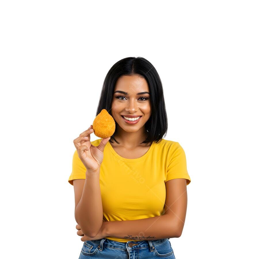 Mulher jovem sorrindo camiseta amarela segurando coxinha brasileira PNG com fundo transparente