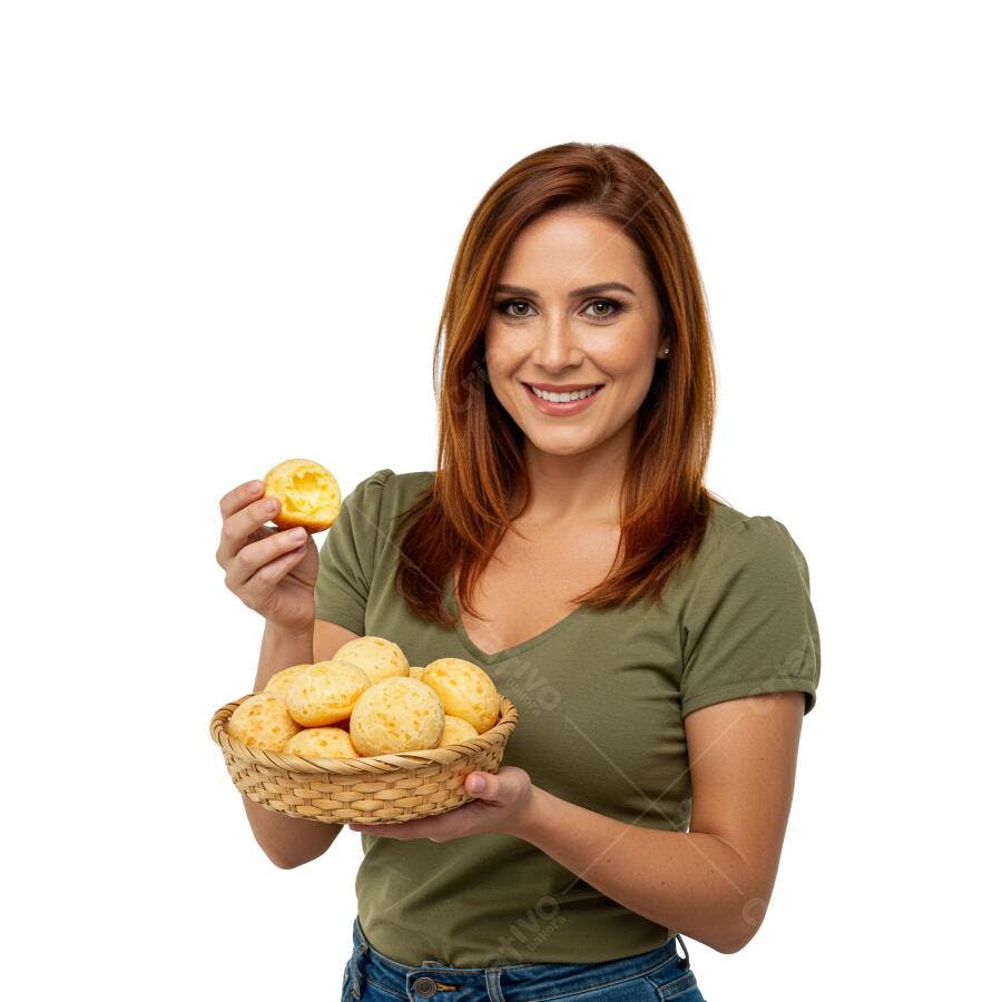 Imagem Mulher Ruiva Sorrindo Pão de Queijo Cesta Verde PNG com fundo transparente