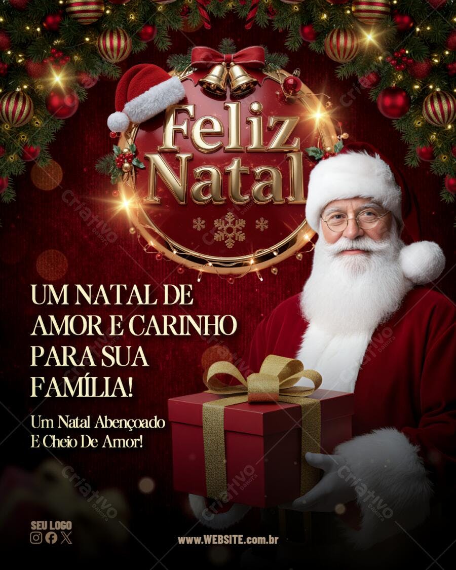 Post Instagram Natal Papai Noel festivo vermelho e dourado Editável no Canva