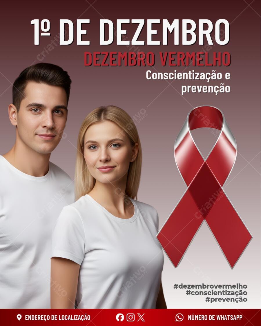 Post Social Dezembro Vermelho HIV AIDS Casal Caucasiano Laço Vermelho Editável no Canva