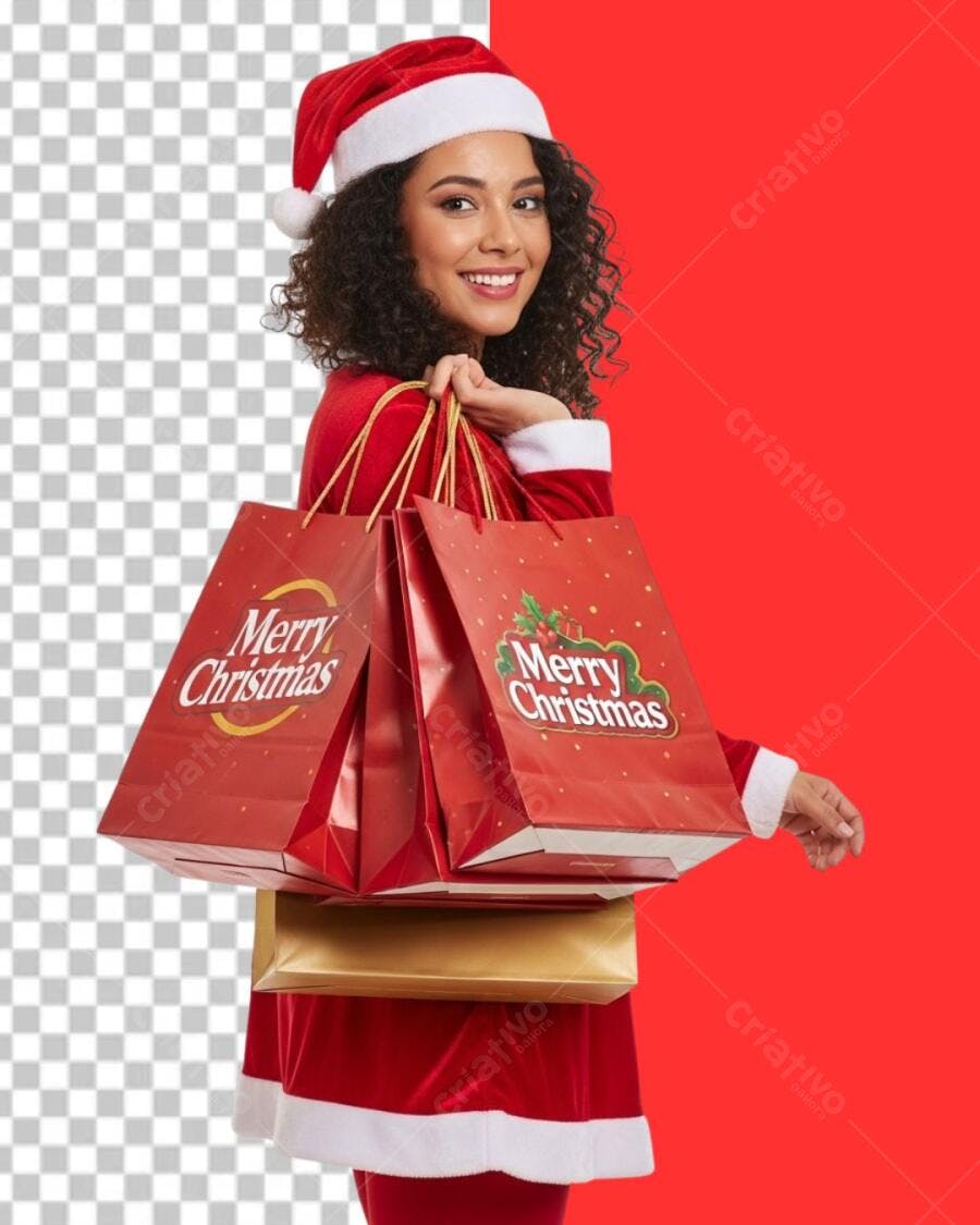 Mulher em Traje Natalino Sorrindo com Sacolas Merry Christmas PNG com fundo transparente