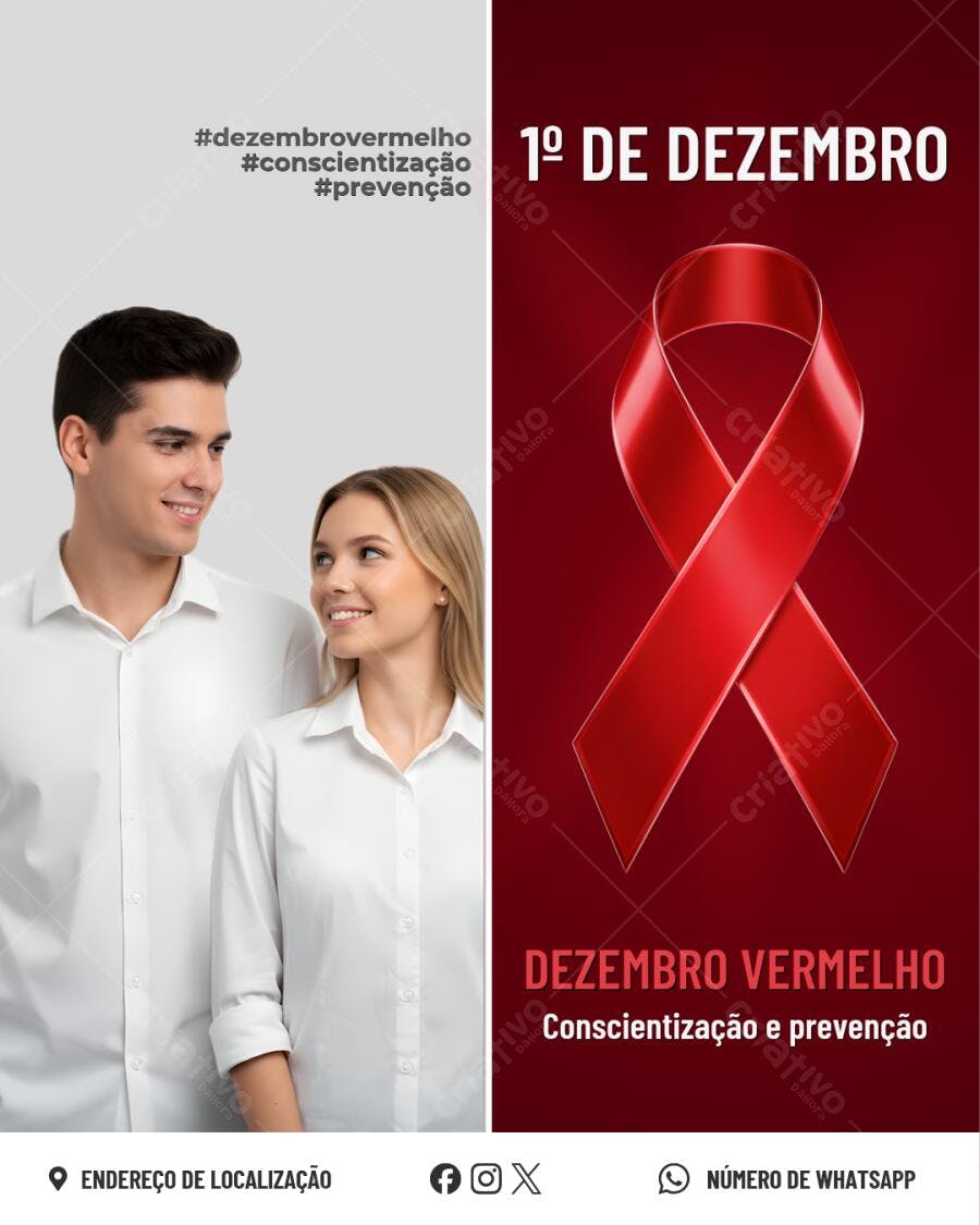 Post Instagram Dezembro Vermelho com Casal Profissional Conscientização HIV Editável no Canva