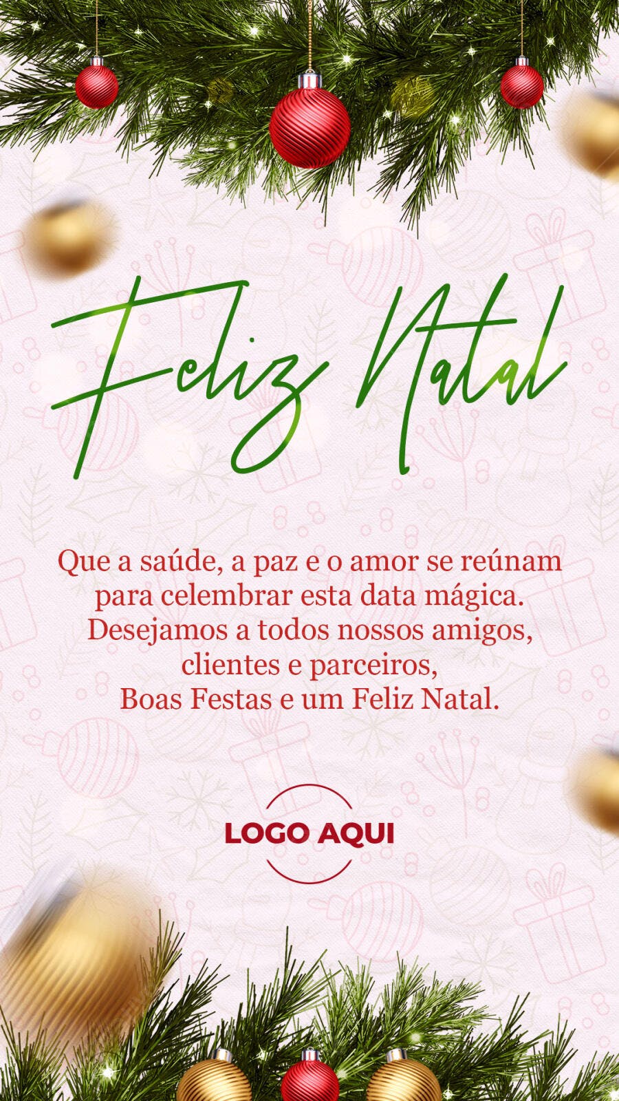 Cartão de Natal com Enfeites e Mensagem Festiva PSD Editável