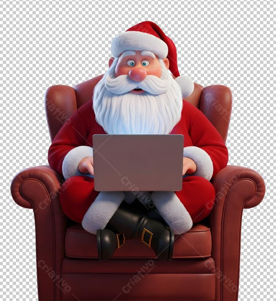 Ilustração 3D Papai Noel no notebook poltrona vermelha Natal PNG com fundo transparente