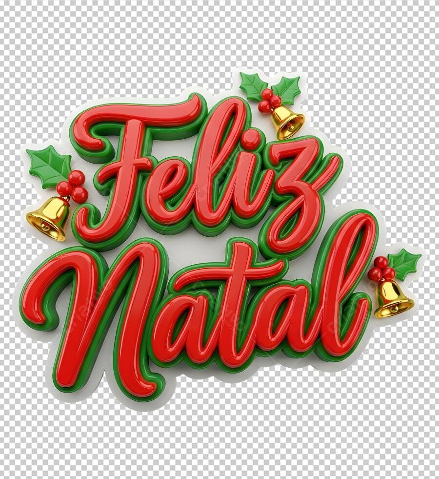 Texto 3D Feliz Natal Sininhos Azevinho Festivo PNG com fundo transparente