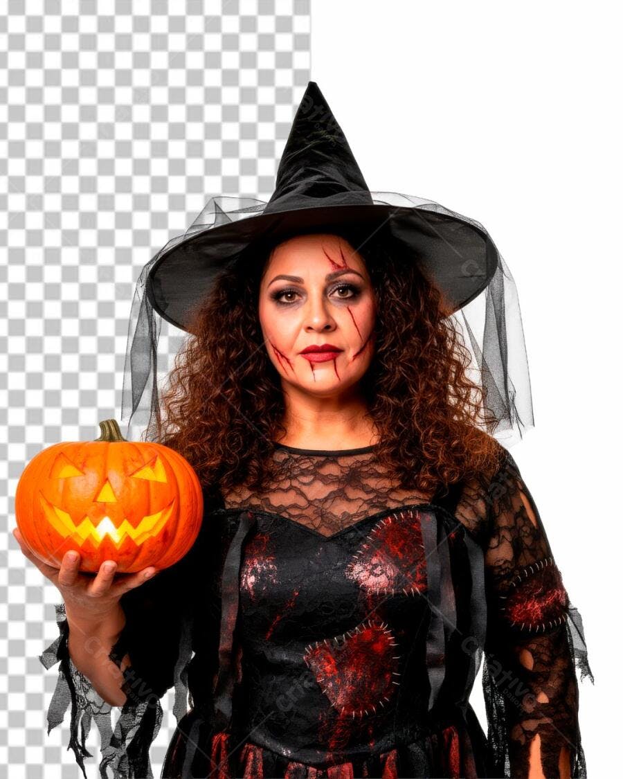 Elemento Gráfico Mulher Bruxa Latina Halloween com Abóbora PNG com fundo transparente