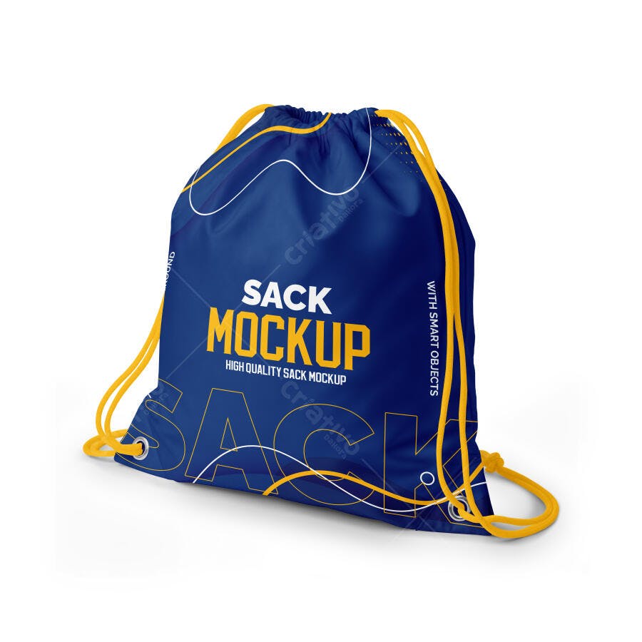 Mockup Mochila Saco Esportiva Azul Marinho Realista com Cordões Amarelos