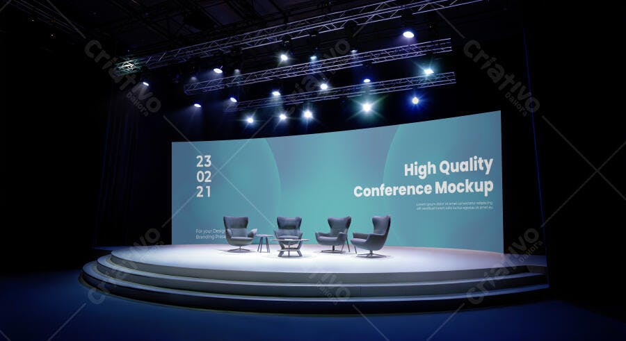 Mockup Palco de Conferência Moderno com Tela Curva, Poltronas e Iluminação Azul