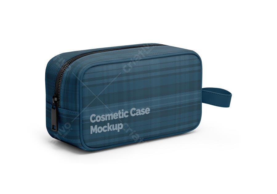 Mockup Realista Necessaire Cosméticos Xadrez Azul Petróleo Fundo Branco