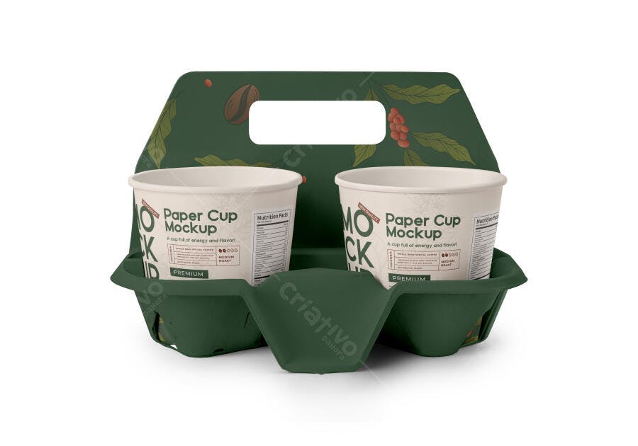 Mockup Realista Suporte e Copos de Papel para Café Verde Escuro com Folhas