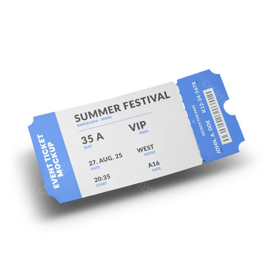 Mockup Moderno de Ingresso de Festival VIP Azul e Branco para Eventos e Shows