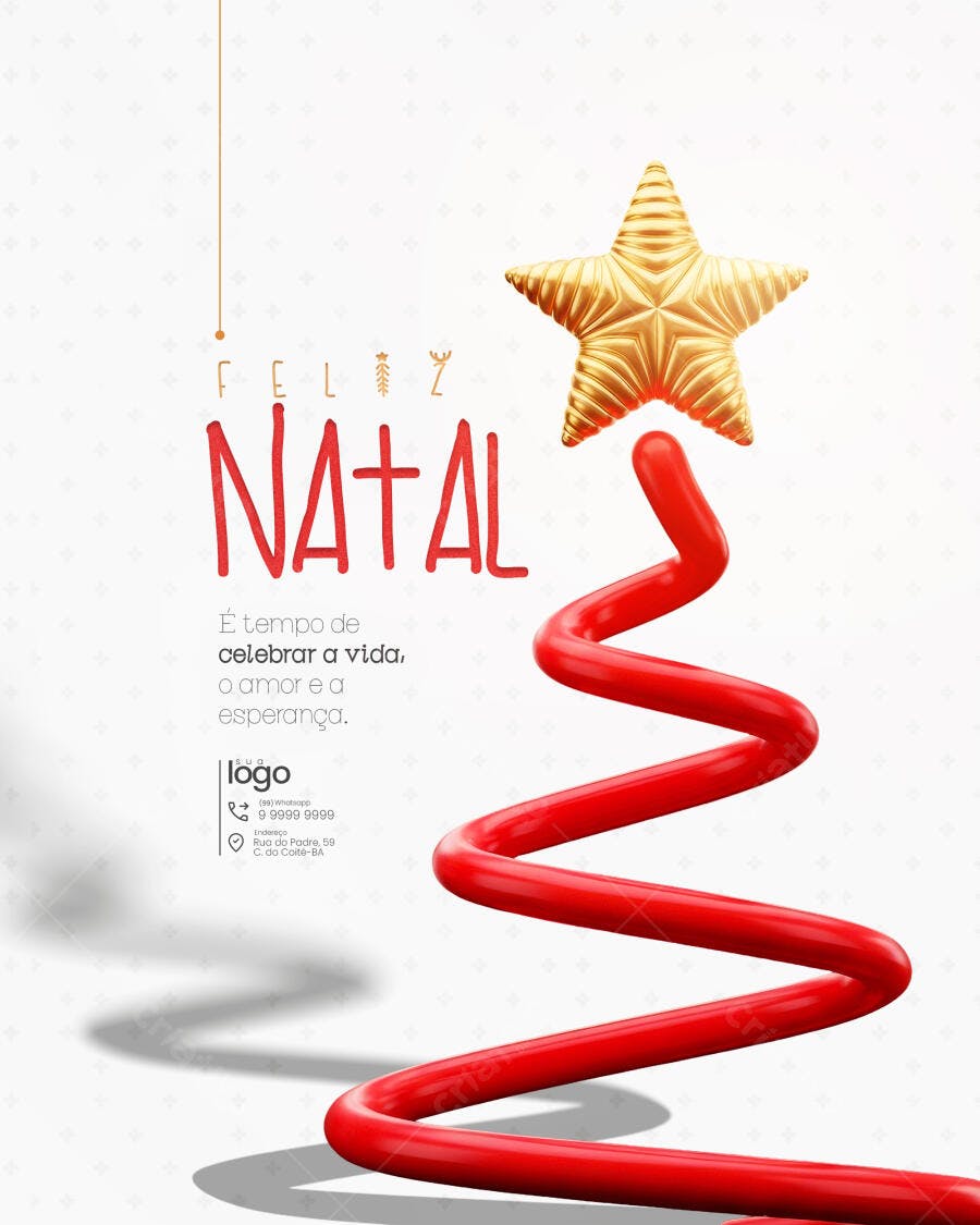 Flyer Feliz Natal com Estrela Dourada e Árvore Estilizada Vermelha PSD Editável