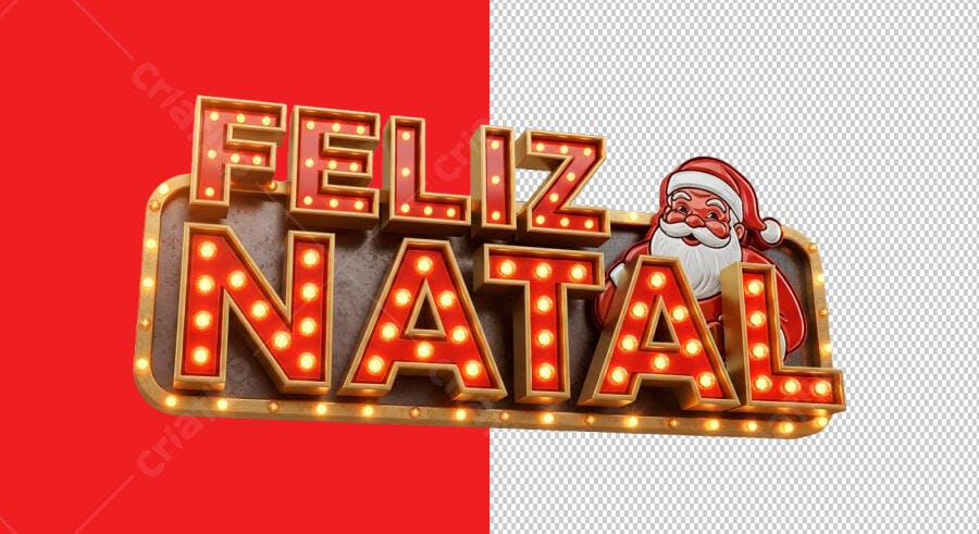Letreiro 3D Feliz Natal com Luzes e Papai Noel PSD Editável