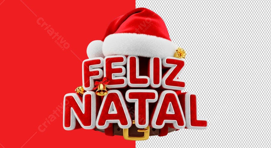 Letreiro 3D Feliz Natal com Gorro de Papai Noel PSD Editável