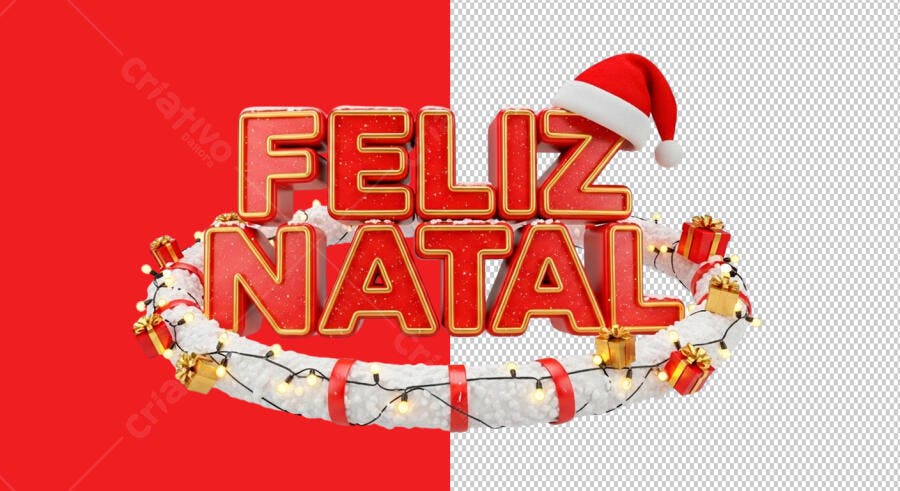 Arte 3D Feliz Natal com Gorro e Luzes Douradas PSD Editável