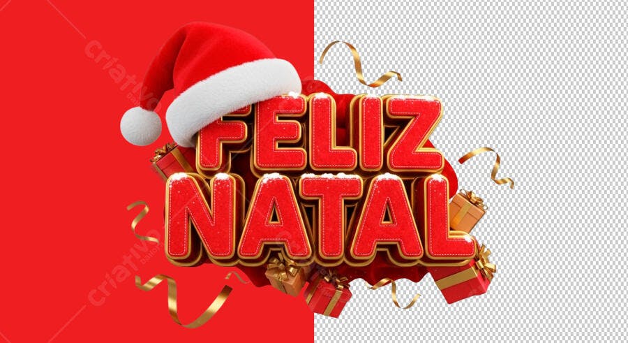 Arte Digital Feliz Natal 3D com Gorro e Presentes Psd Editável