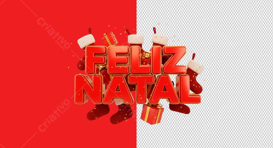 Elemento Gráfico Feliz Natal 3D com Meias e Presentes PSD Editável