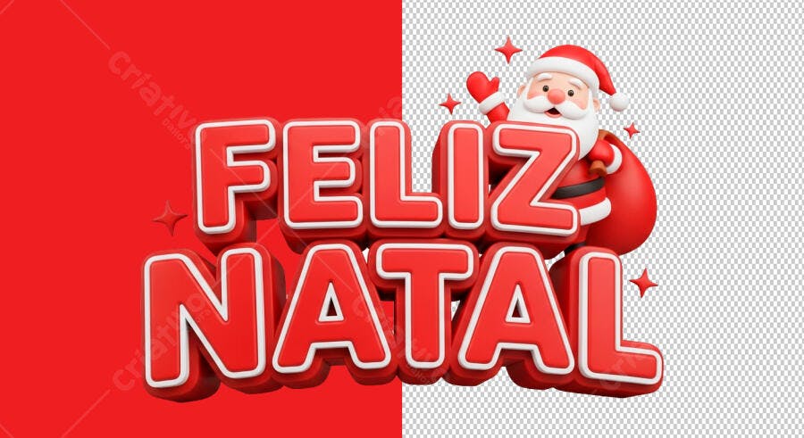 Texto 3D Feliz Natal com Papai Noel e Estrelas PSD Editável