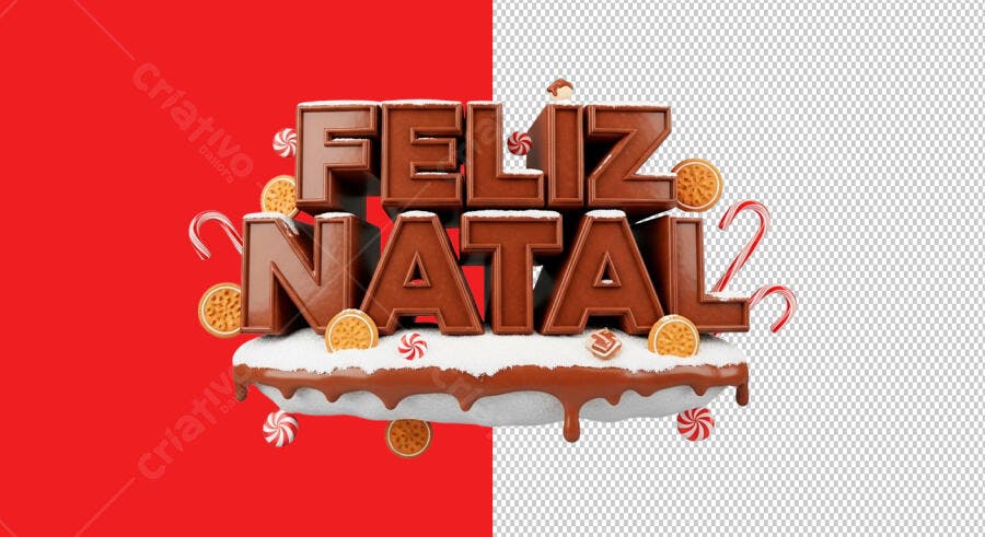 Título 3D de Chocolate Feliz Natal com Doces PSD Editável