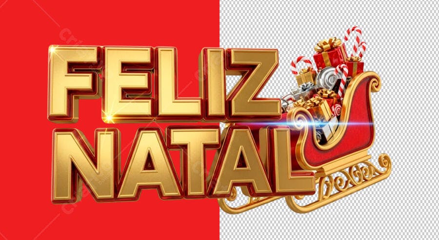 Título 3D Feliz Natal com Trenó e Presentes PSD Editável