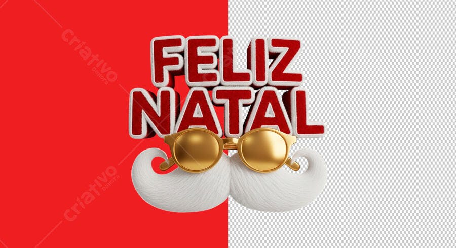 Ilustração 3D Feliz Natal Bigode Óculos Dourados PSD Editável