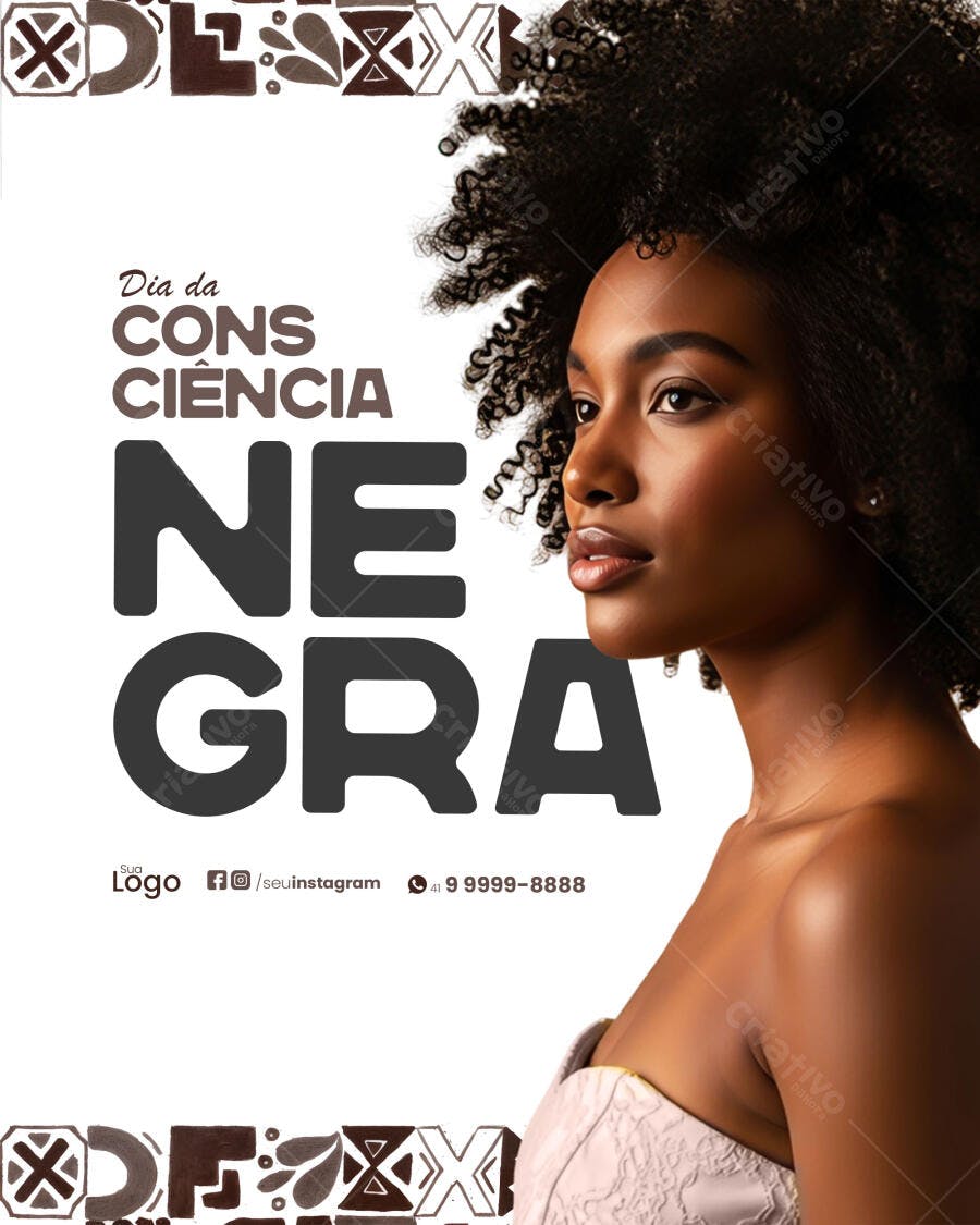 Flyer Dia da Consciência Negra Mulher Afro Cabelo Crespo PSD Editável