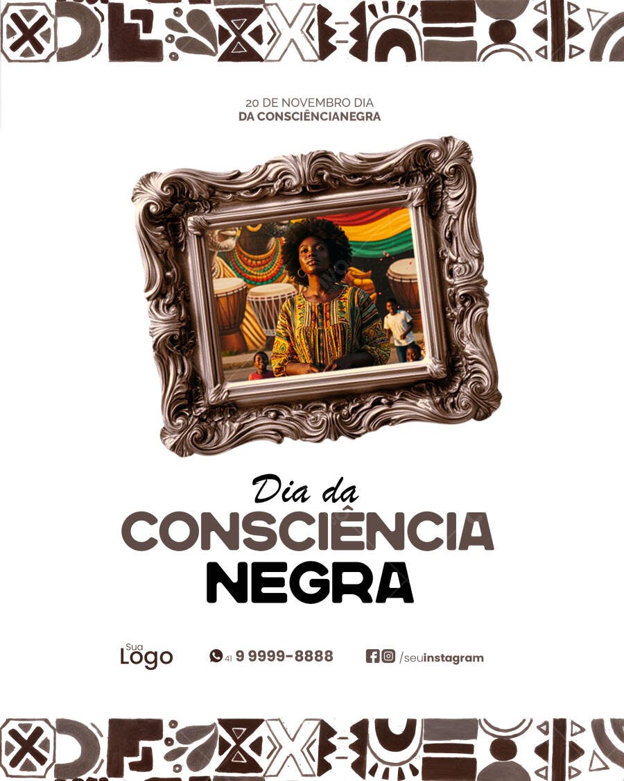 Flyer Dia da Consciência Negra Mulher Afro com Tambores Psd Editável