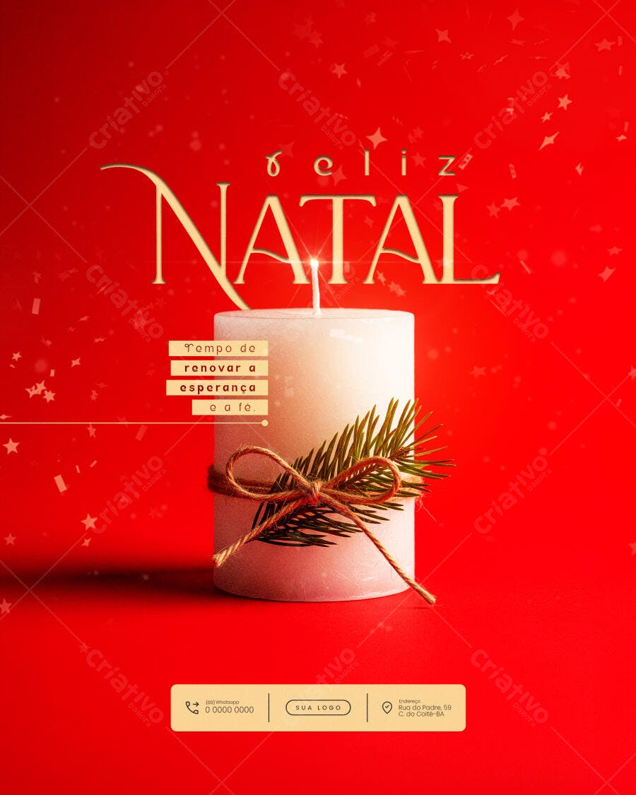 Flyer Feliz Natal com Vela Branca Pinheiro e Frase Esperança Psd Editável