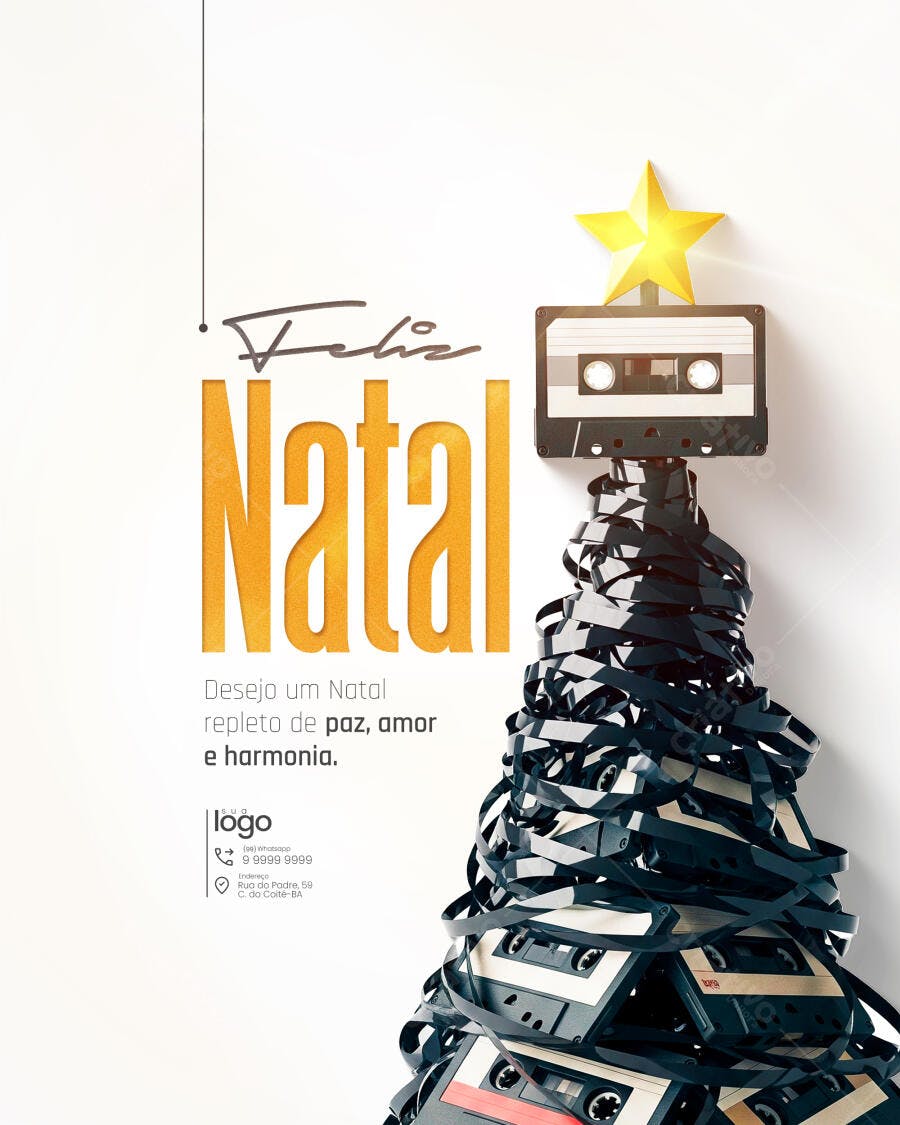 Flyer Natal Criativo Fitas Cassete Estrela Dourada PSD Editável