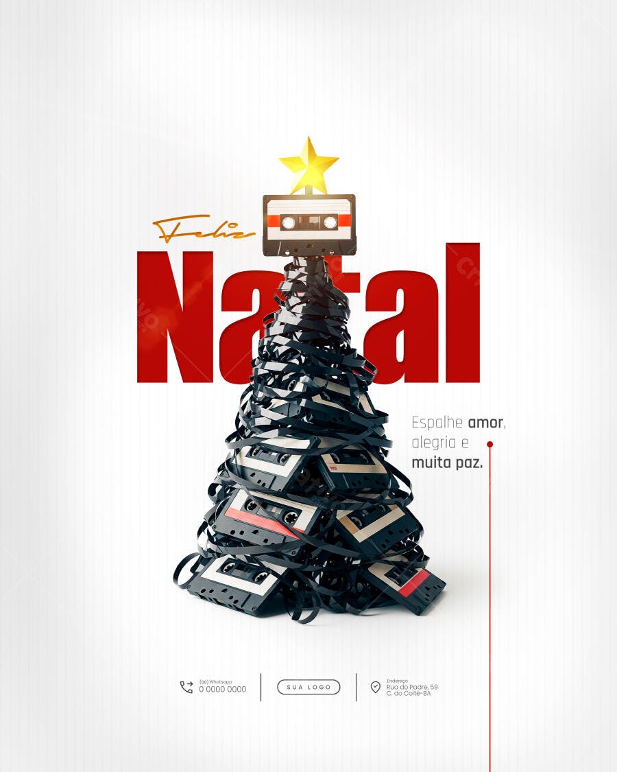 Post Social Feliz Natal com Árvore de Fitas Cassete PSD Editável