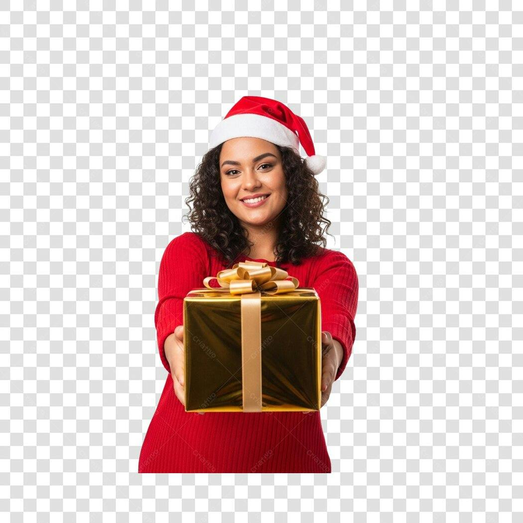 Foto para Natal Mulher Sorridente Gorro Papai Noel Presente Dourado PNG com fundo transparente