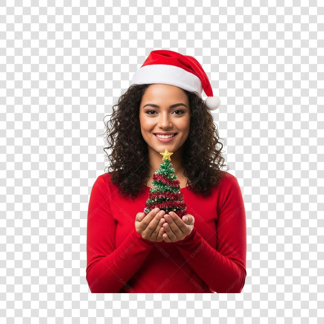 Imagem Mulher Natalina Latina Segurando Árvore de Natal Vermelho Verde Fundo Transparente PNG