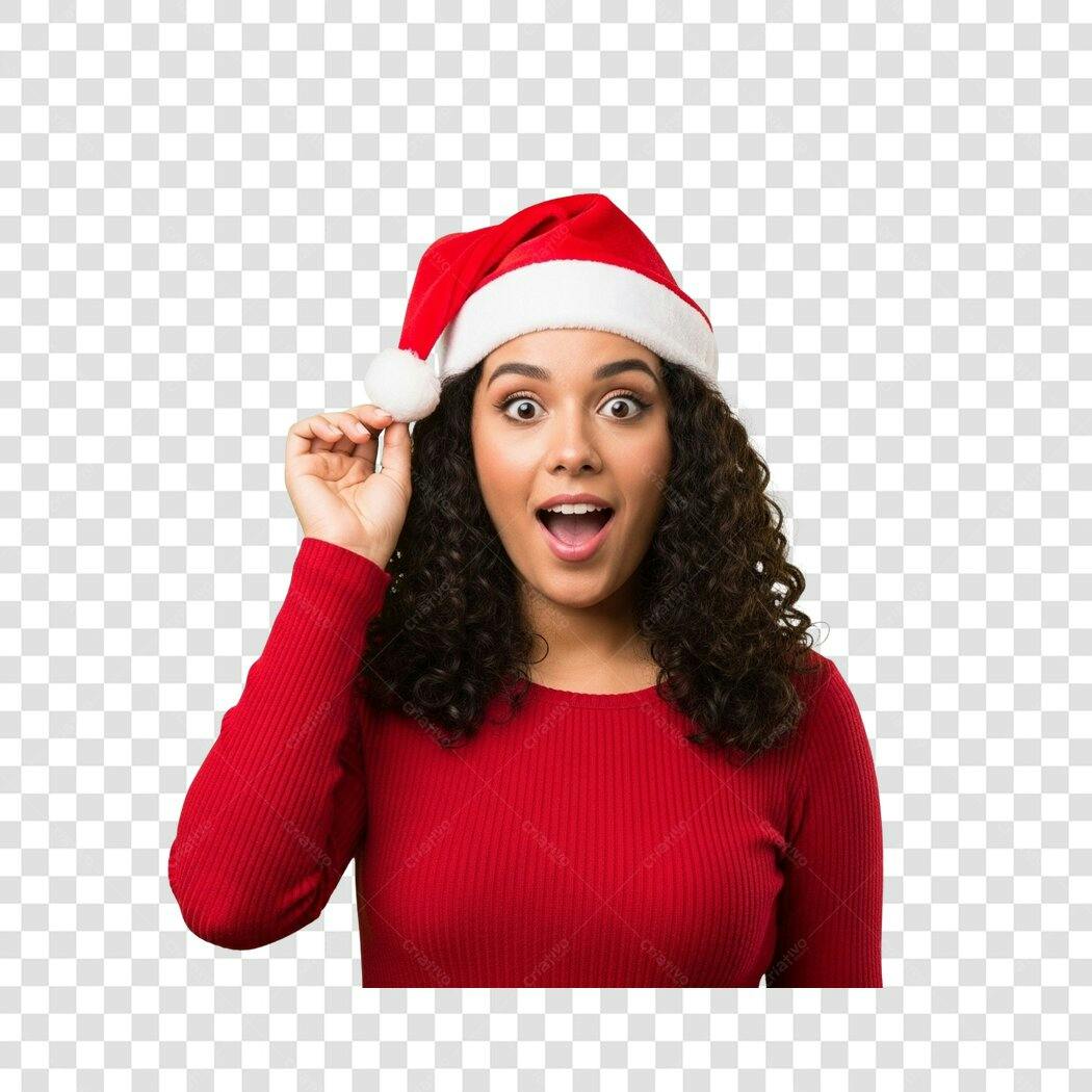 Imagem Mulher Morena Surpresa Natal Gorro Papai Noel Vermelho PNG com fundo transparente
